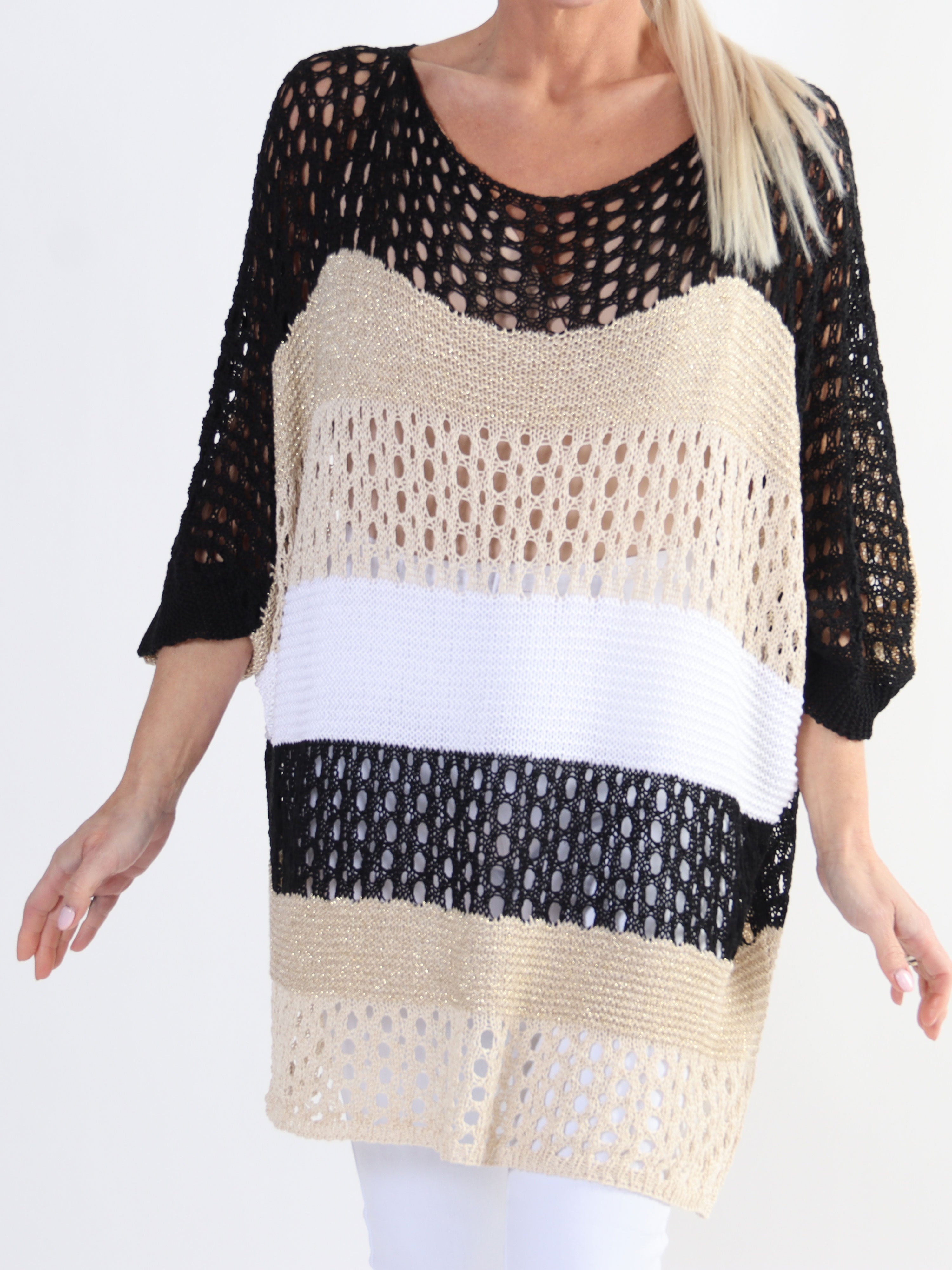 Evelina - Randig plus size-stickning med spetsmönster och glittertrådar